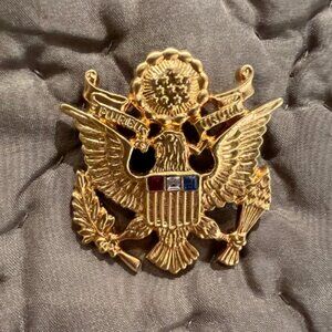 Ann Hand Great Seal Brooch with red, white, blue Swarovski crystals